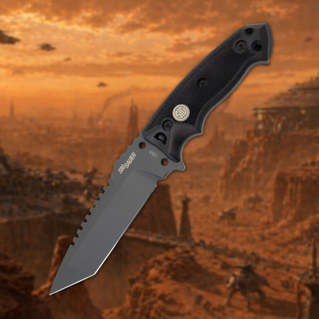 A black-handled knife with a serrated edge against a dramatic landscape background.