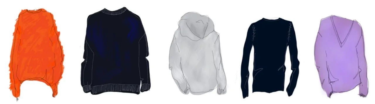 Five sweaters in various colors: orange, navy, white, black, and purple.