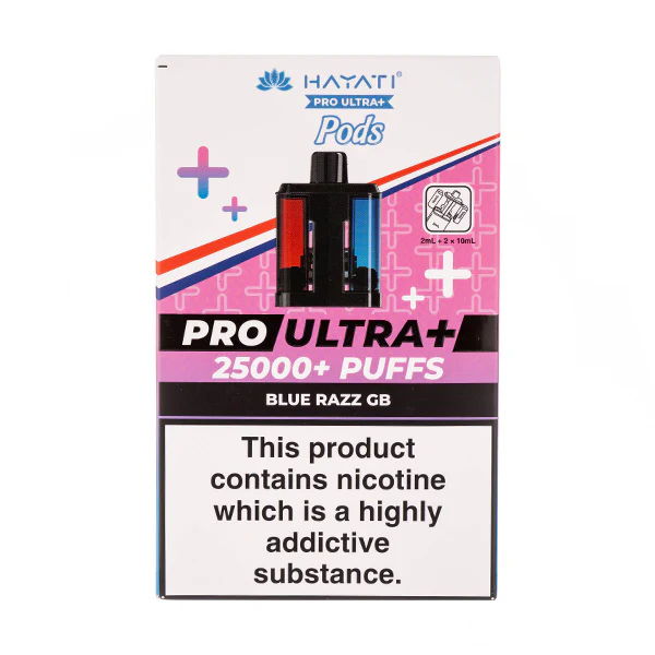Packaging for the Hayati Pro Ultra Blue Razz GB flavour