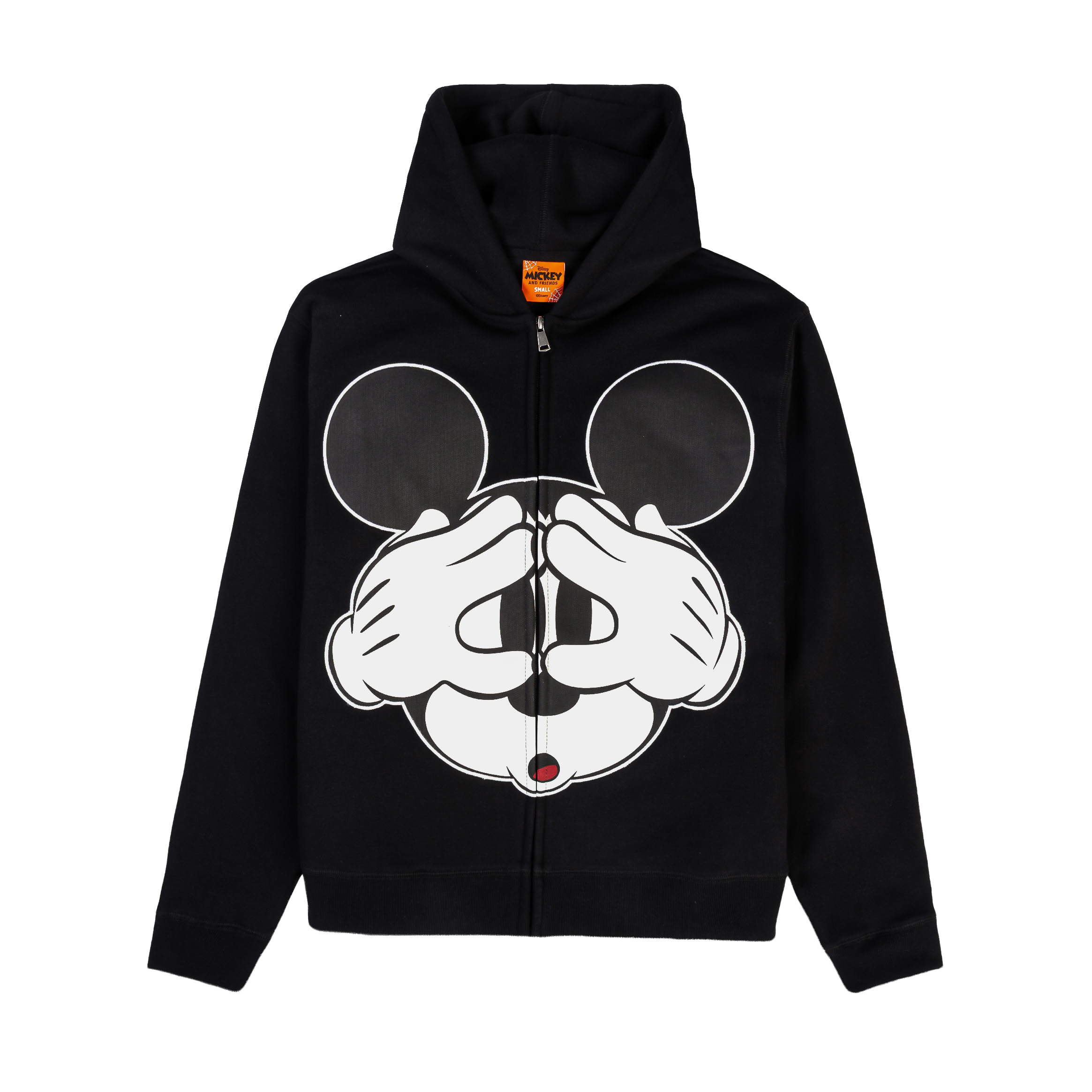 Black hoodie featuring a large Mickey Mouse graphic on the front.