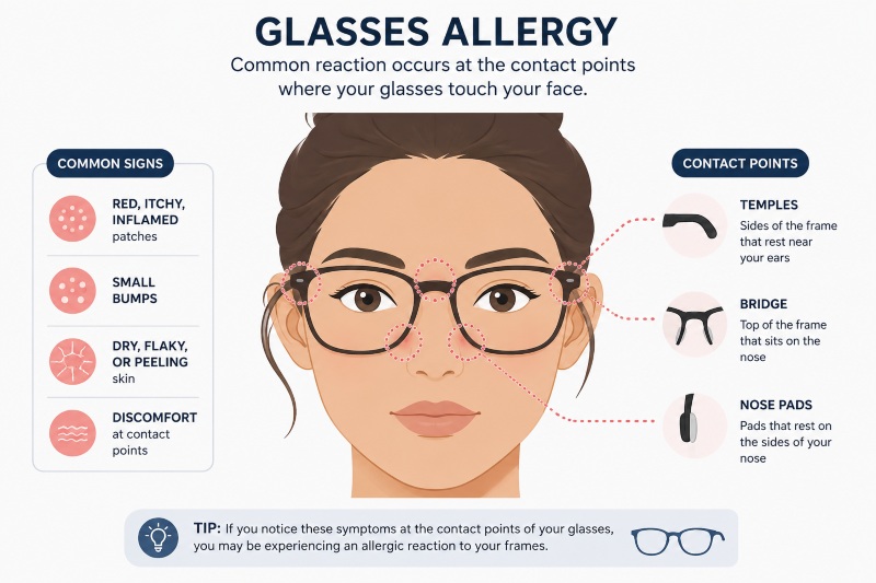 infographic showing glasses allergy symptoms and contact points
