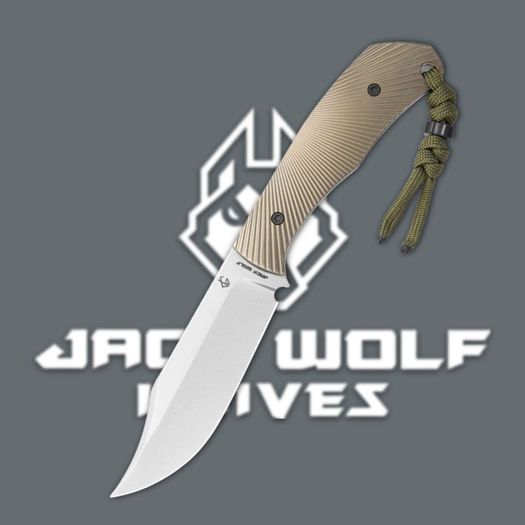 Folding knife with a beige handle against a gray background and logo.