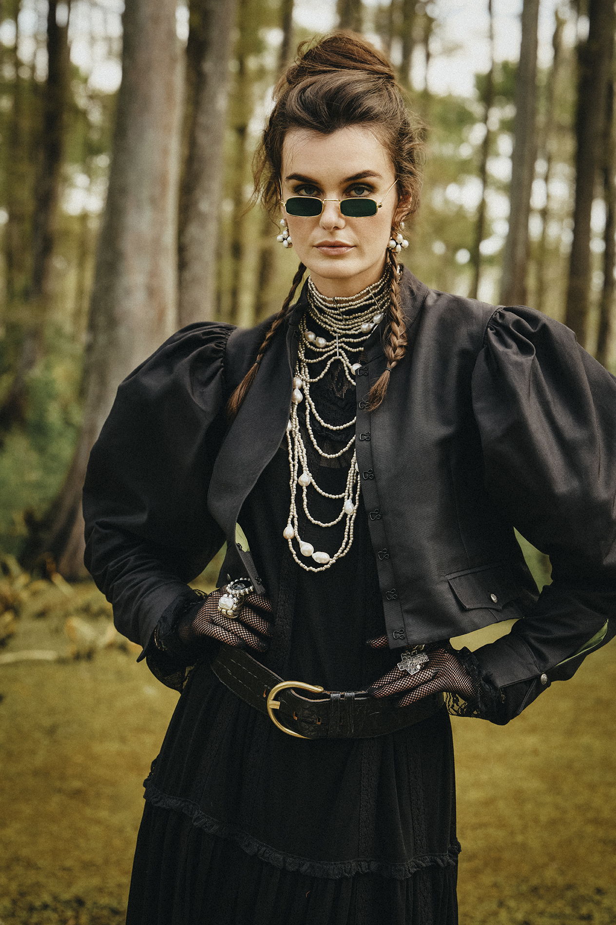 Kaylin wearing the Bon Temps Brigade Jacket with the Victoria Skirt and a Mummy's Bundle necklace.