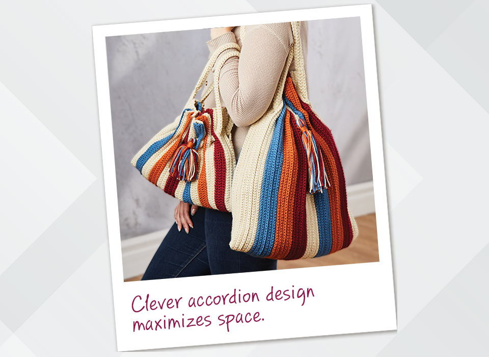 Striped bags with tassels, showcasing clever accordion design that maximizes space.