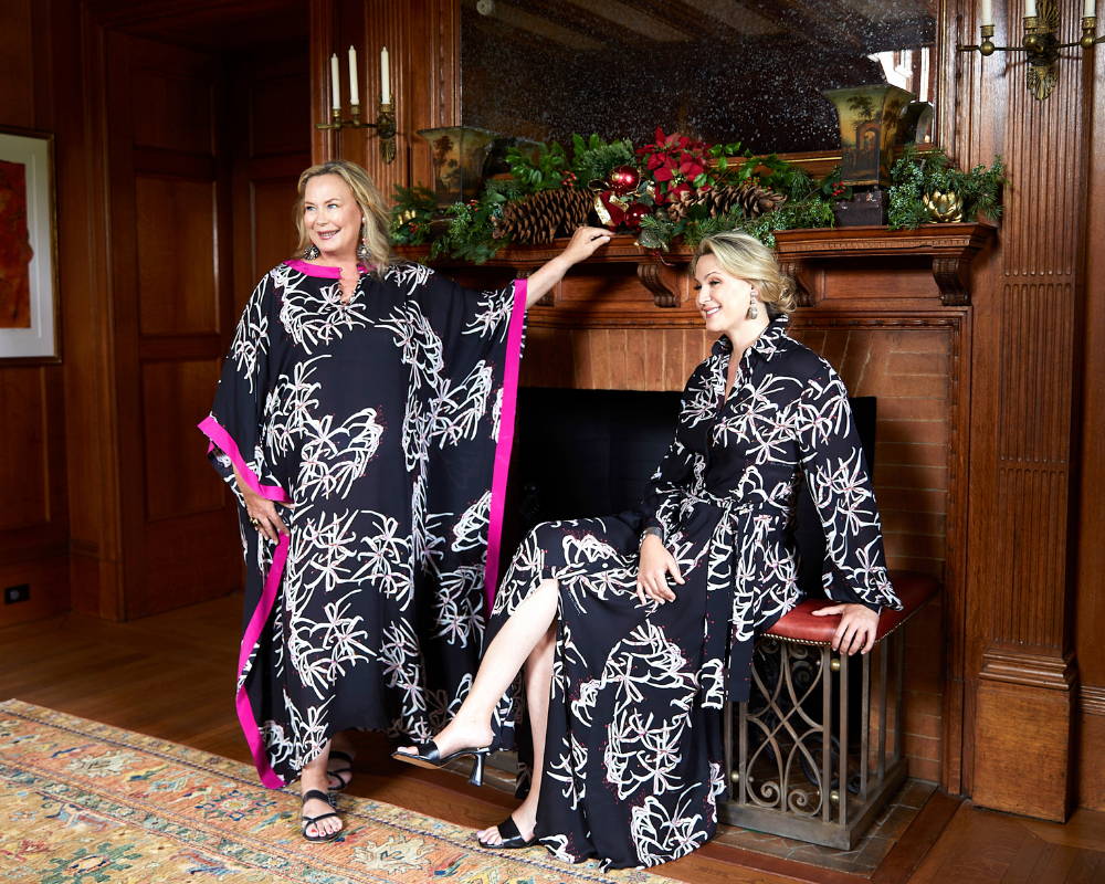 Ala and Sunny Isham wearing black and white printed silk kaftan and dresses in newport Rhode Isl;and by Ala von Auersperg