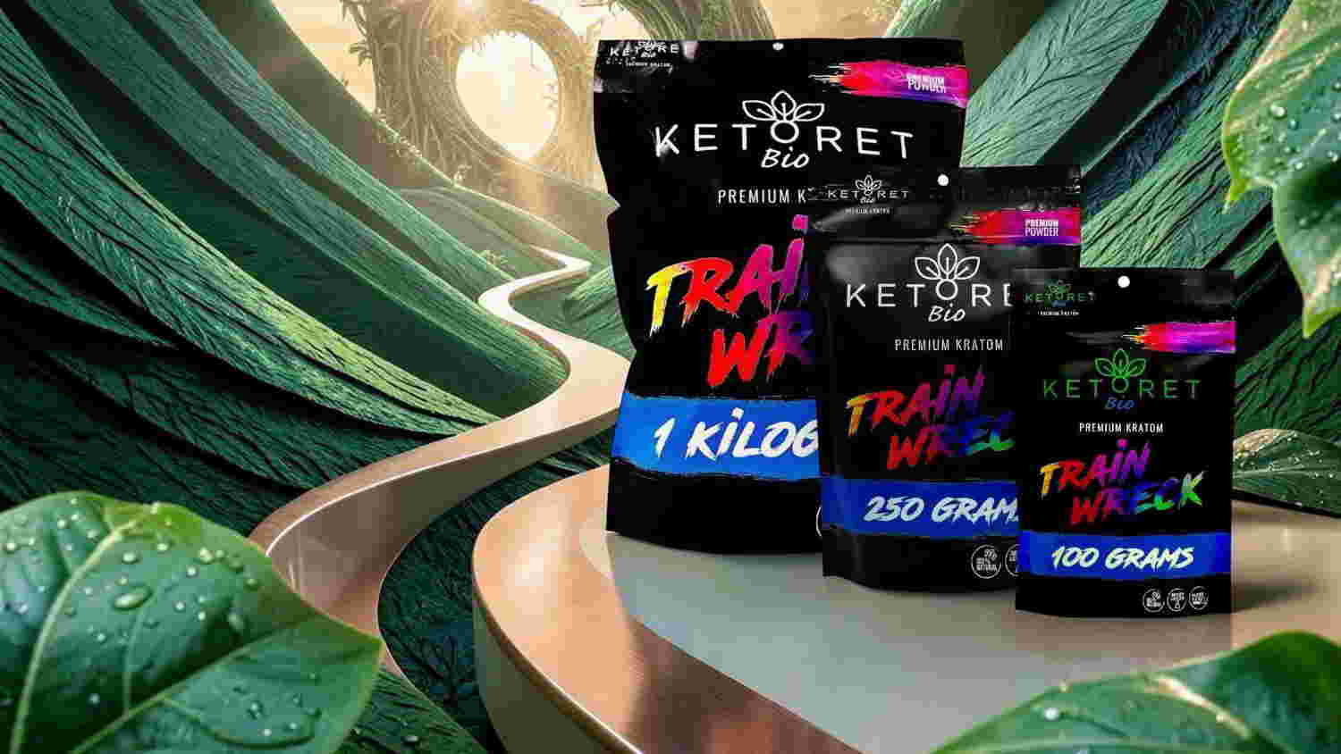 Packages of keto supplements on a leafy background.