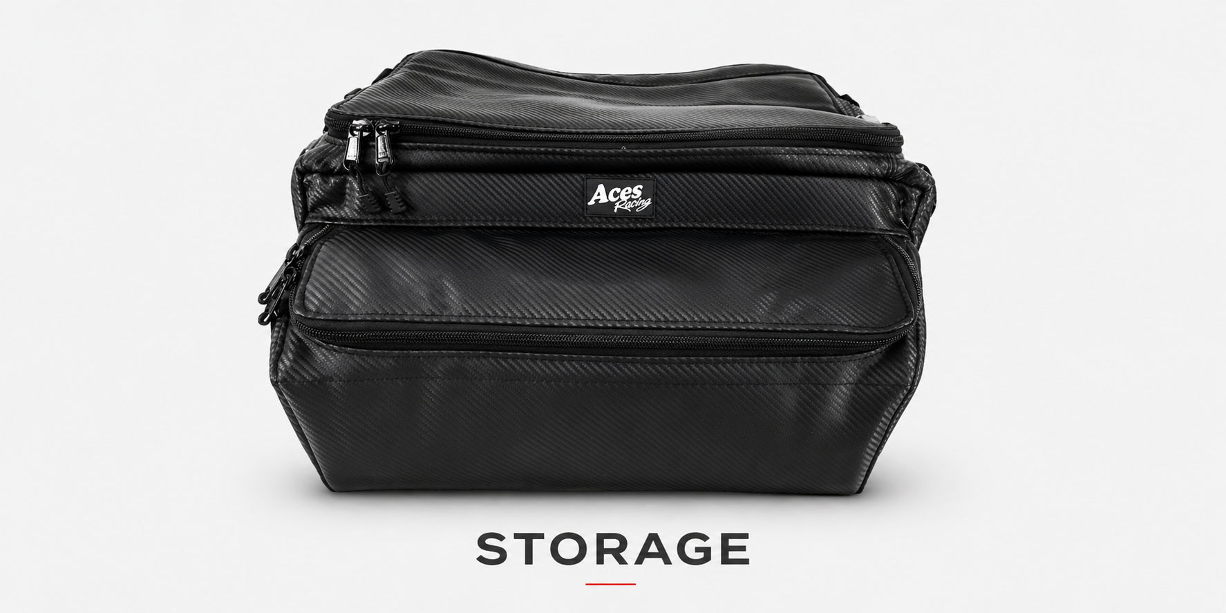 Black storage bag with zippers, displayed on a white background.