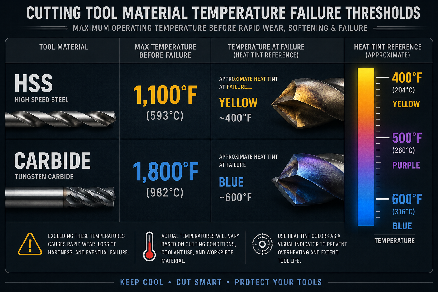 Temperature failure threshold infographic for HSS and carbide cutting tools