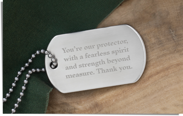 military dog tag engraved with an inscription