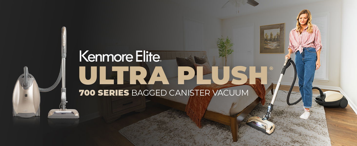 Woman vacuuming a carpet with a Kenmore Elite Ultra Plush vacuum cleaner.