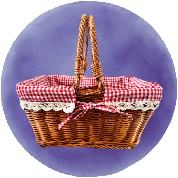 A purple circle featuring a cane basket with a red and white gingham lining. Click to shop all Book Week Accessories.