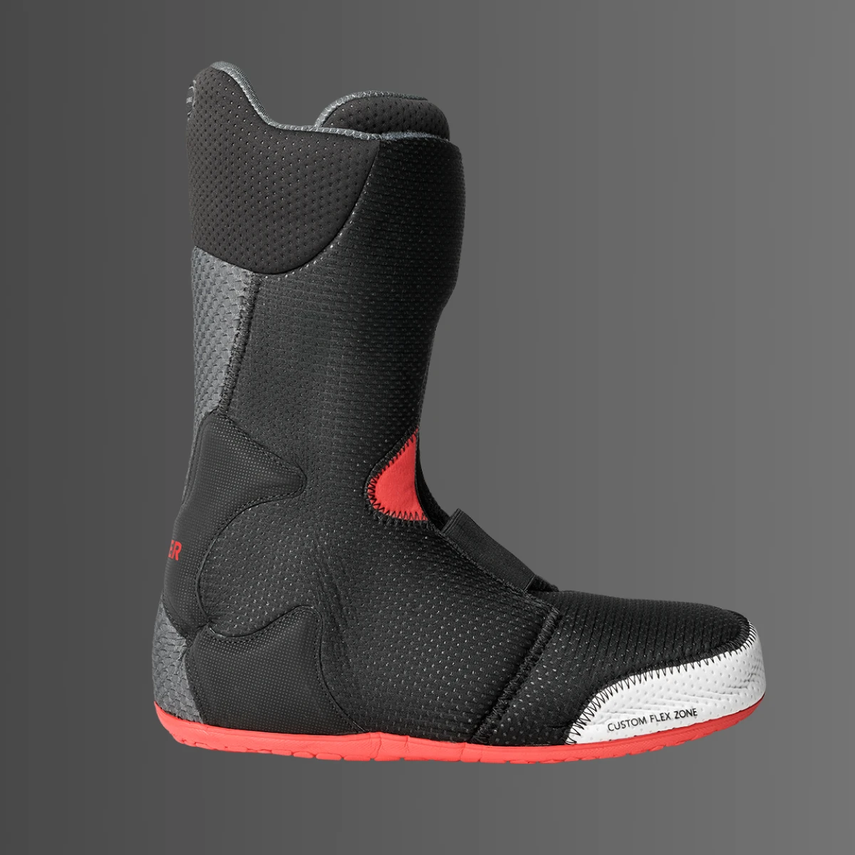 Black and red sports boot on a gradient background.