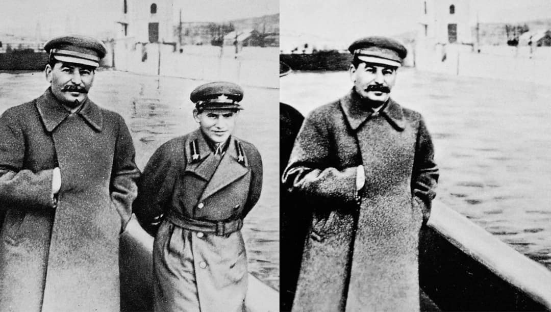 Stalin before and after airbrushing enemy out of photo