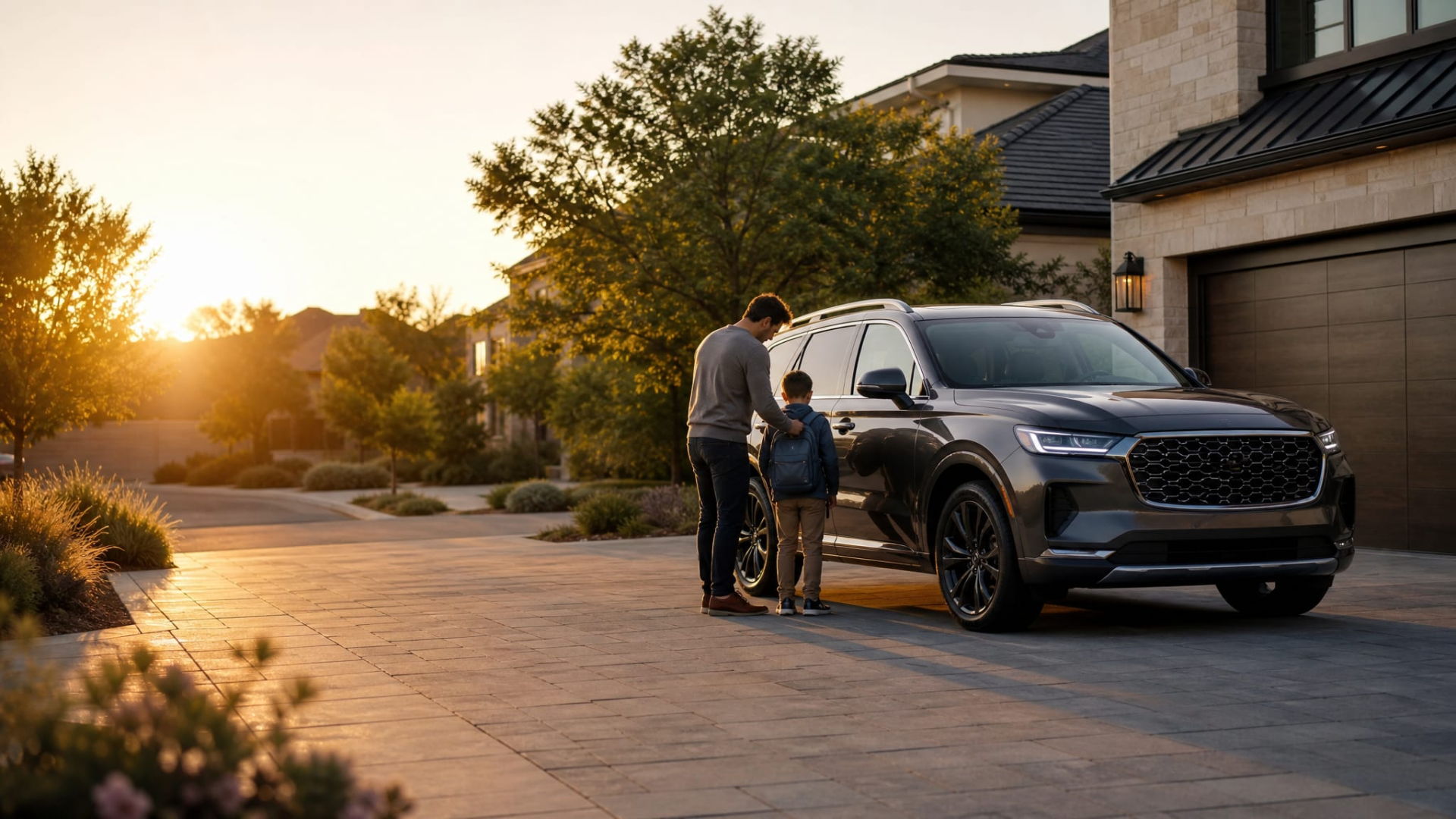 A man and child beside a car at sunset.