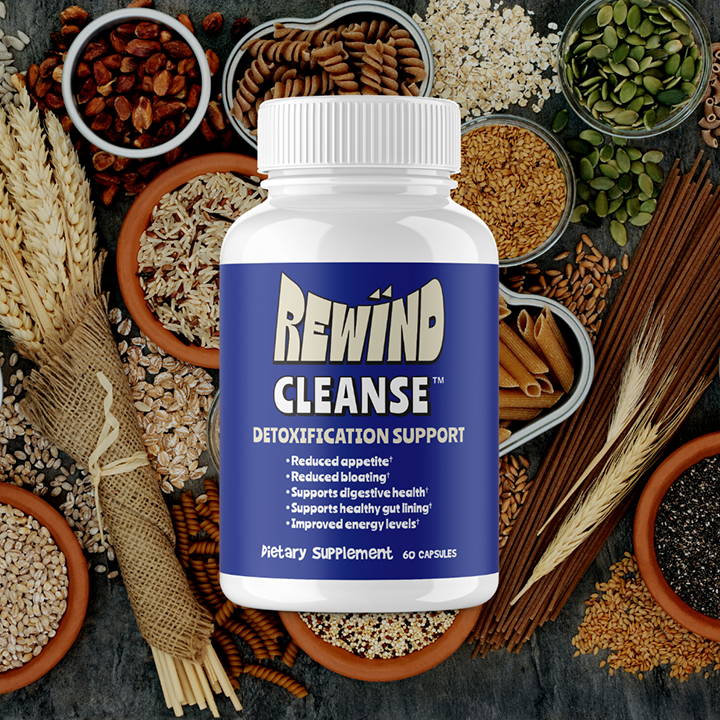Rewind Cleanse bottle with grains background