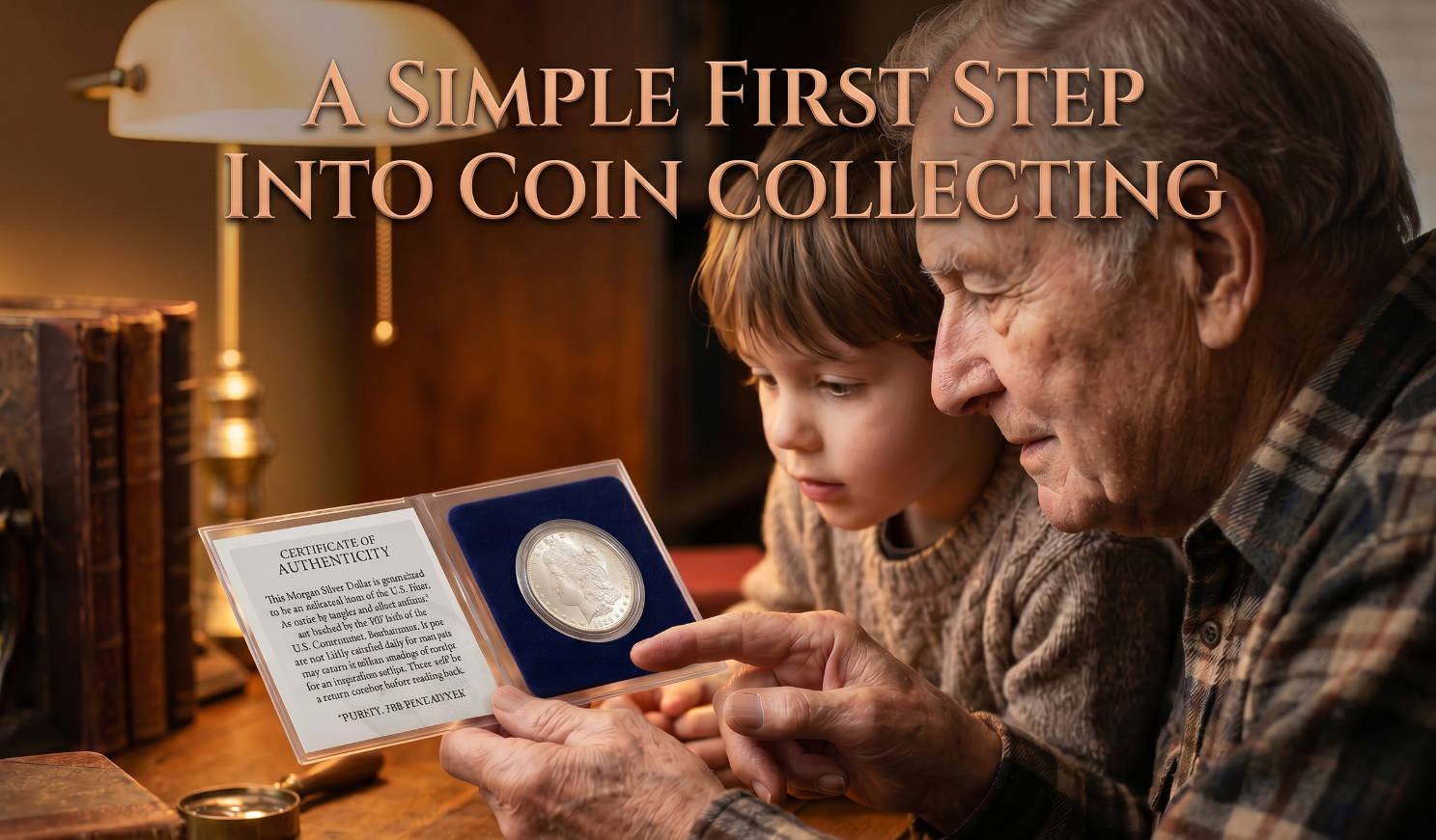Grandfather and grandson looking at a Morgan Silver Dollar together