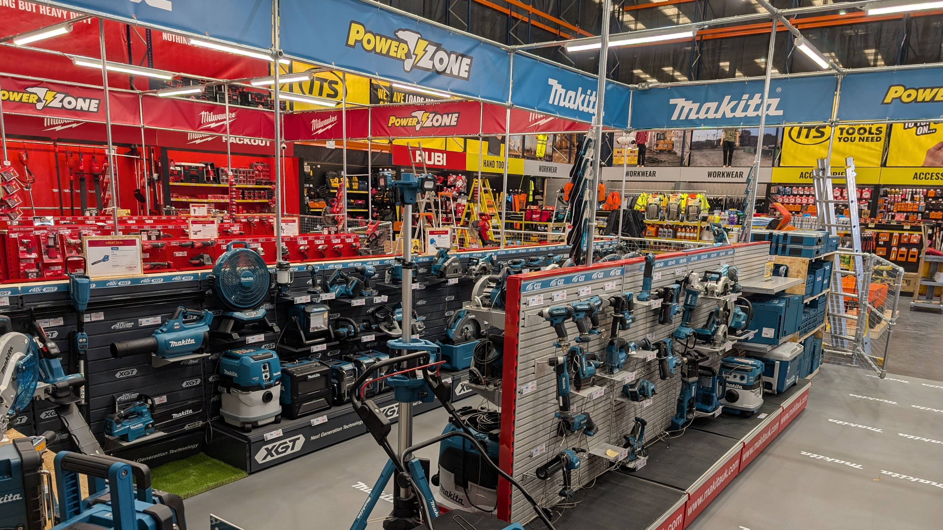 Display of power tools in a retail store.