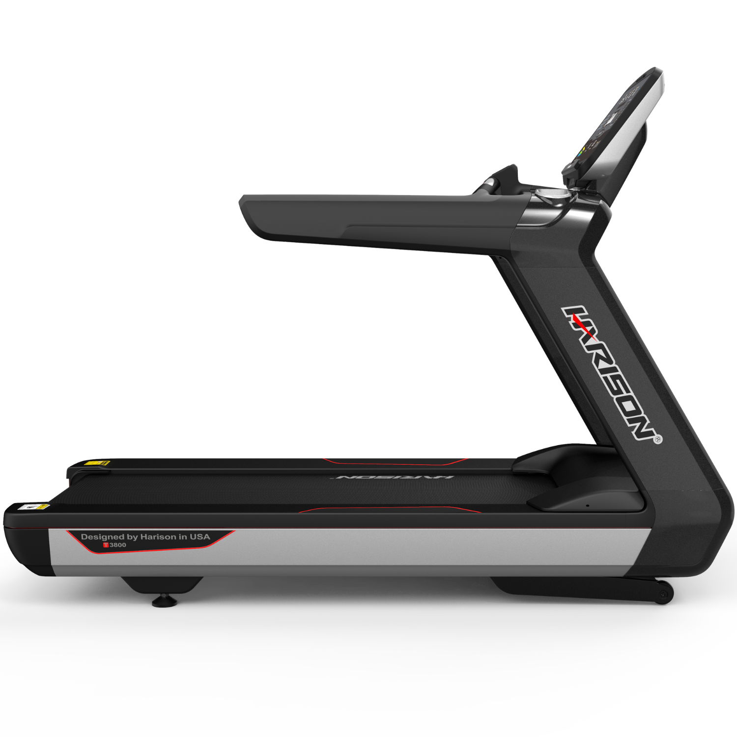 A modern treadmill with a sleek design and digital display.