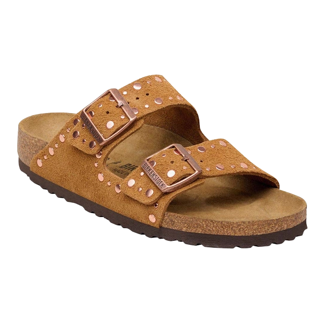 Brown suede sandals with two buckles and studded detailing.