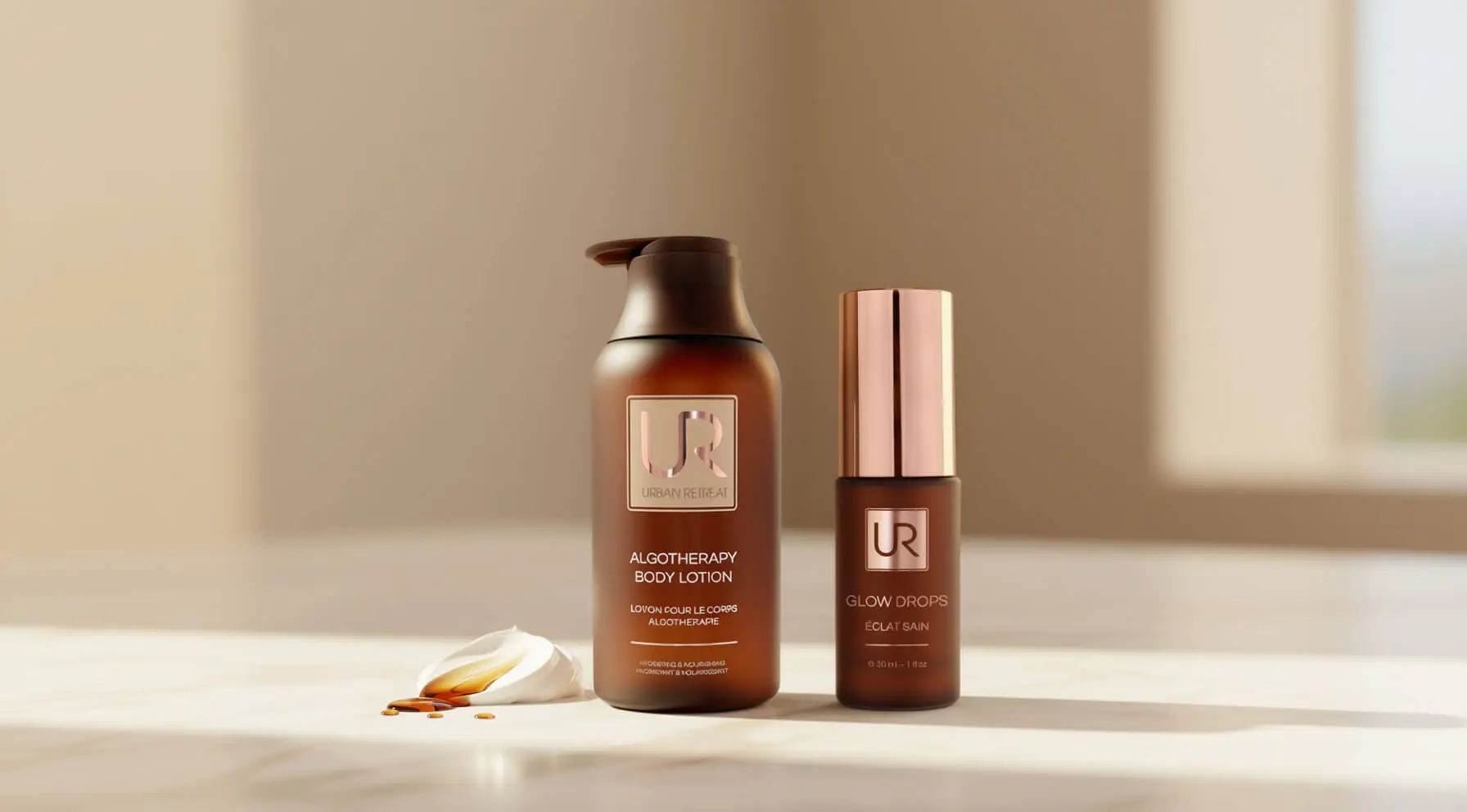 Algotherapy & Glow Drops skincare products on a countertop with natural lighting.