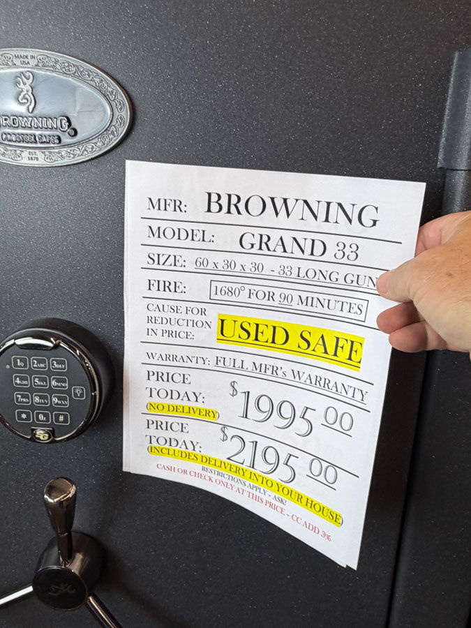 BROWNING GRAND 33 gun safe exterior with sale price tag on door - SES spring cleaning sale