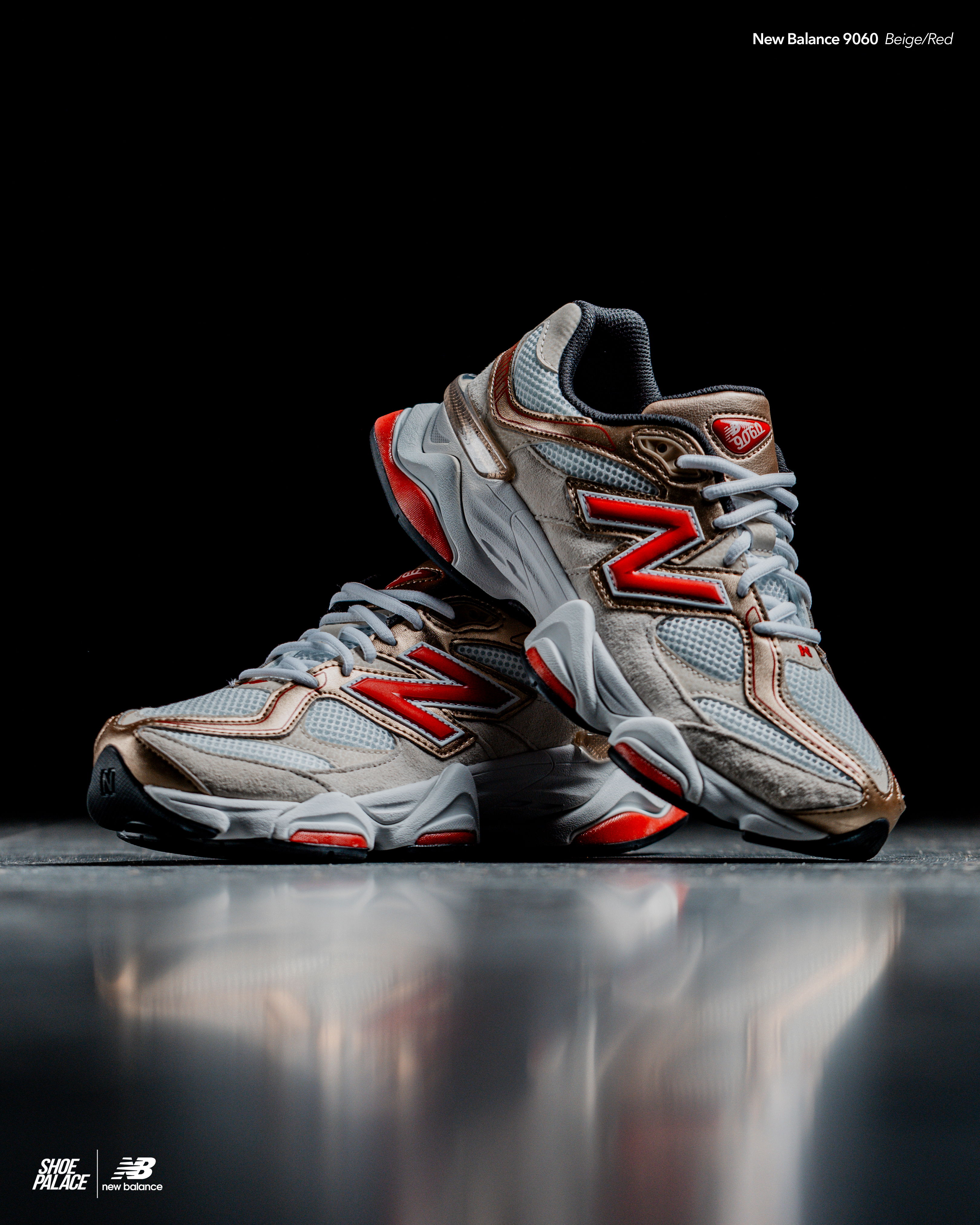 A pair of New Balance sneakers on a reflective surface.
