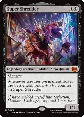 Super Shredder card featuring a mutant ninja human with menace ability.