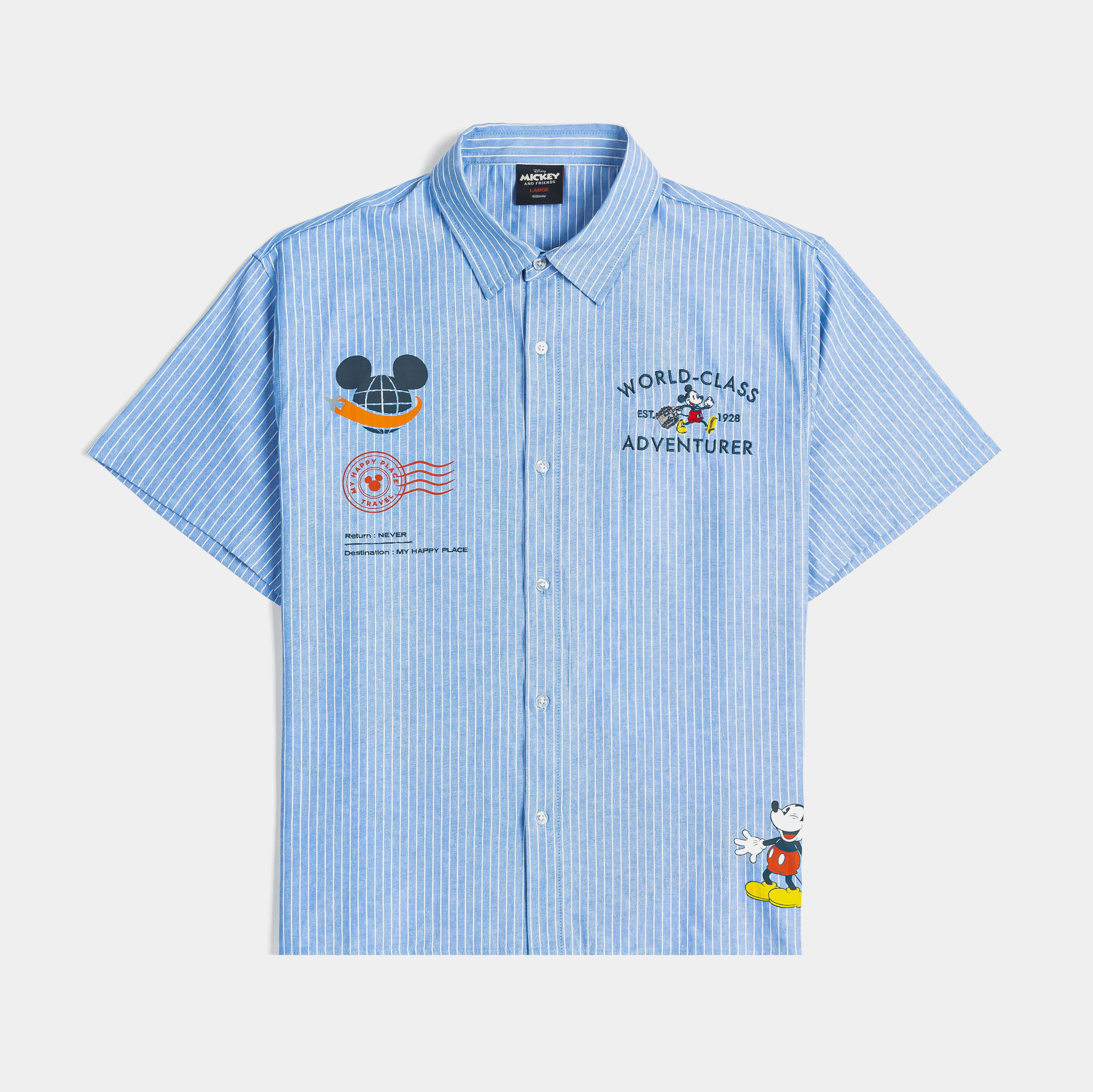 Blue short-sleeve shirt featuring Mickey Mouse designs and text.