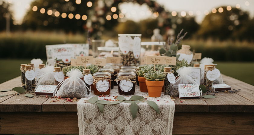 Rustic wedding favor station with lace runner, succulents, honey jars, and lavender sachets.