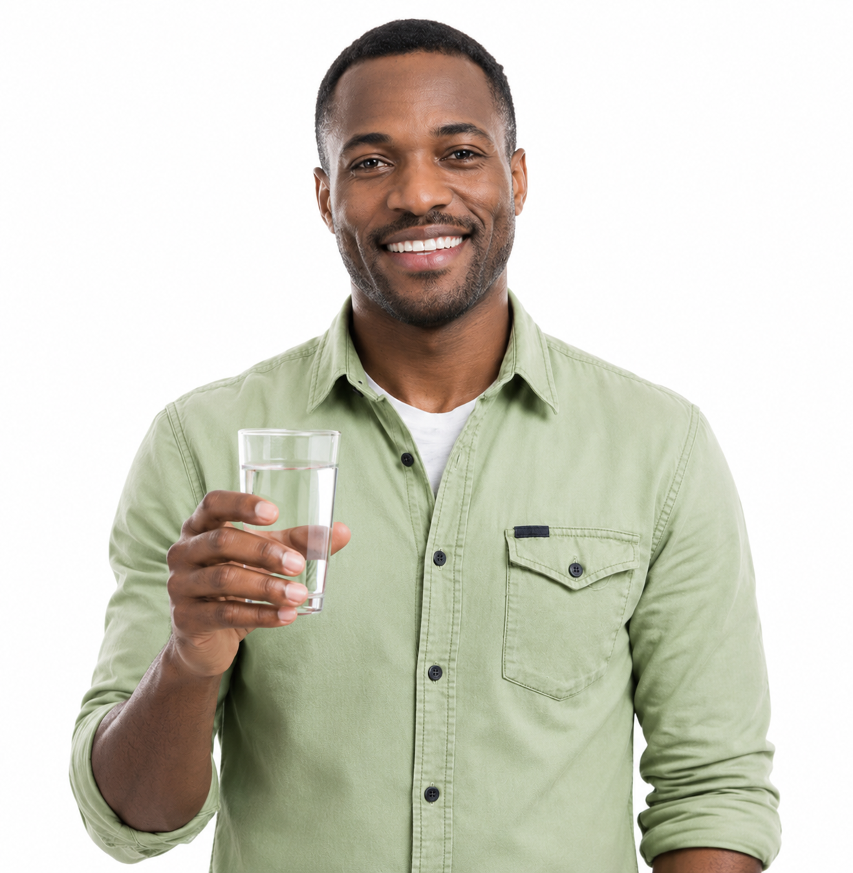 Smiling man holding a glass of water, wearing a green shirt.