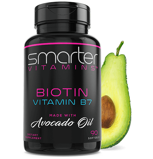 Bottle of Biotin Vitamin B7, made with avocado oil.