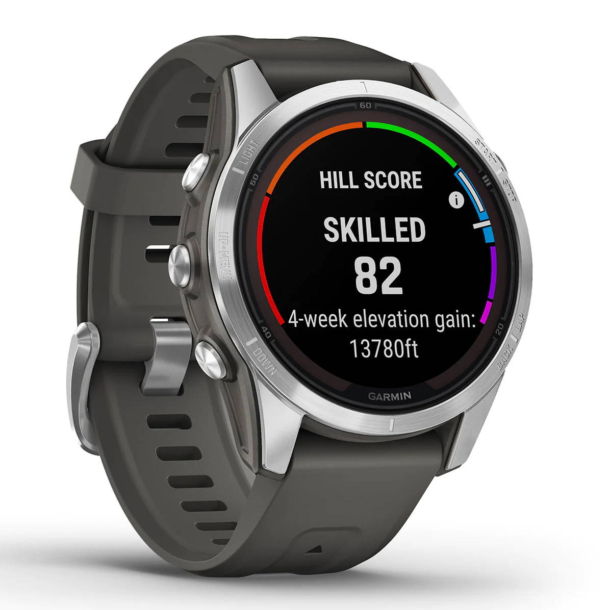 The silver and graphite Garmin fenix 7S Pro Solar multisport GPS watch