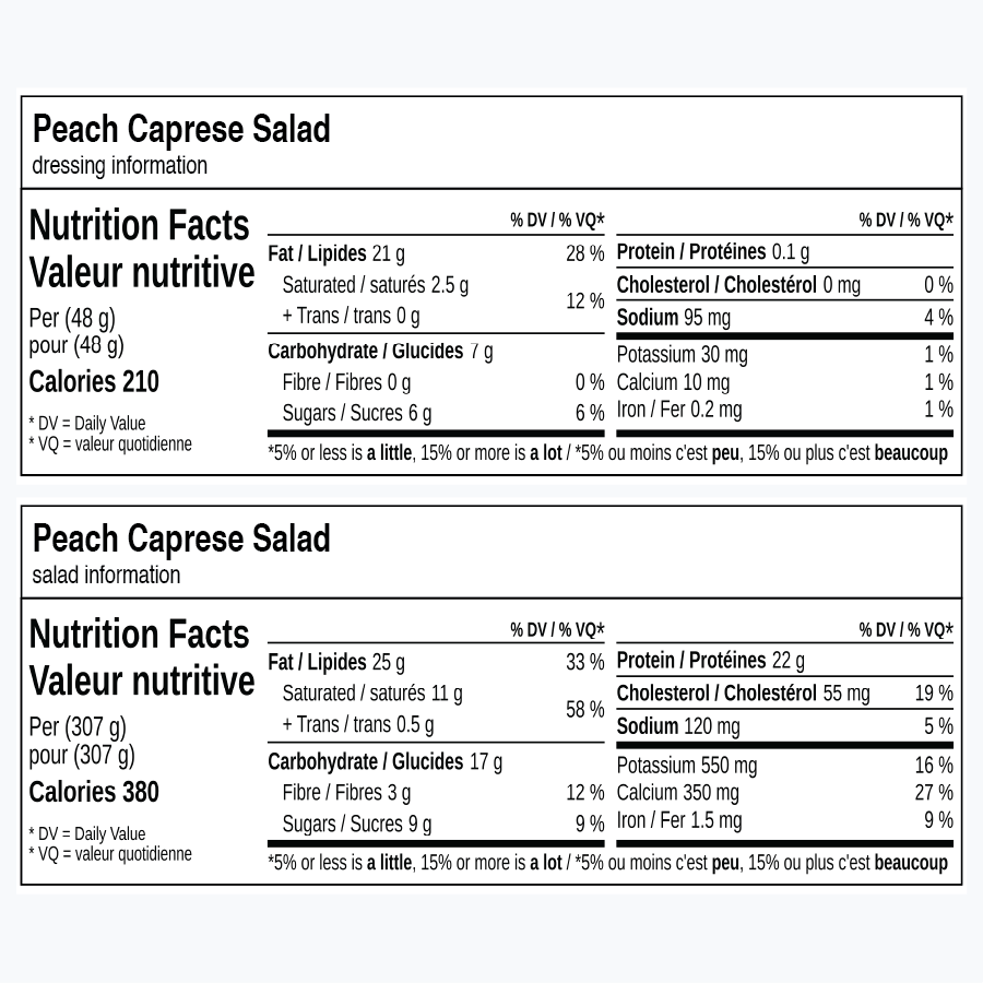 Nutrition facts for Peach Caprese Salad, including dressing and salad information.