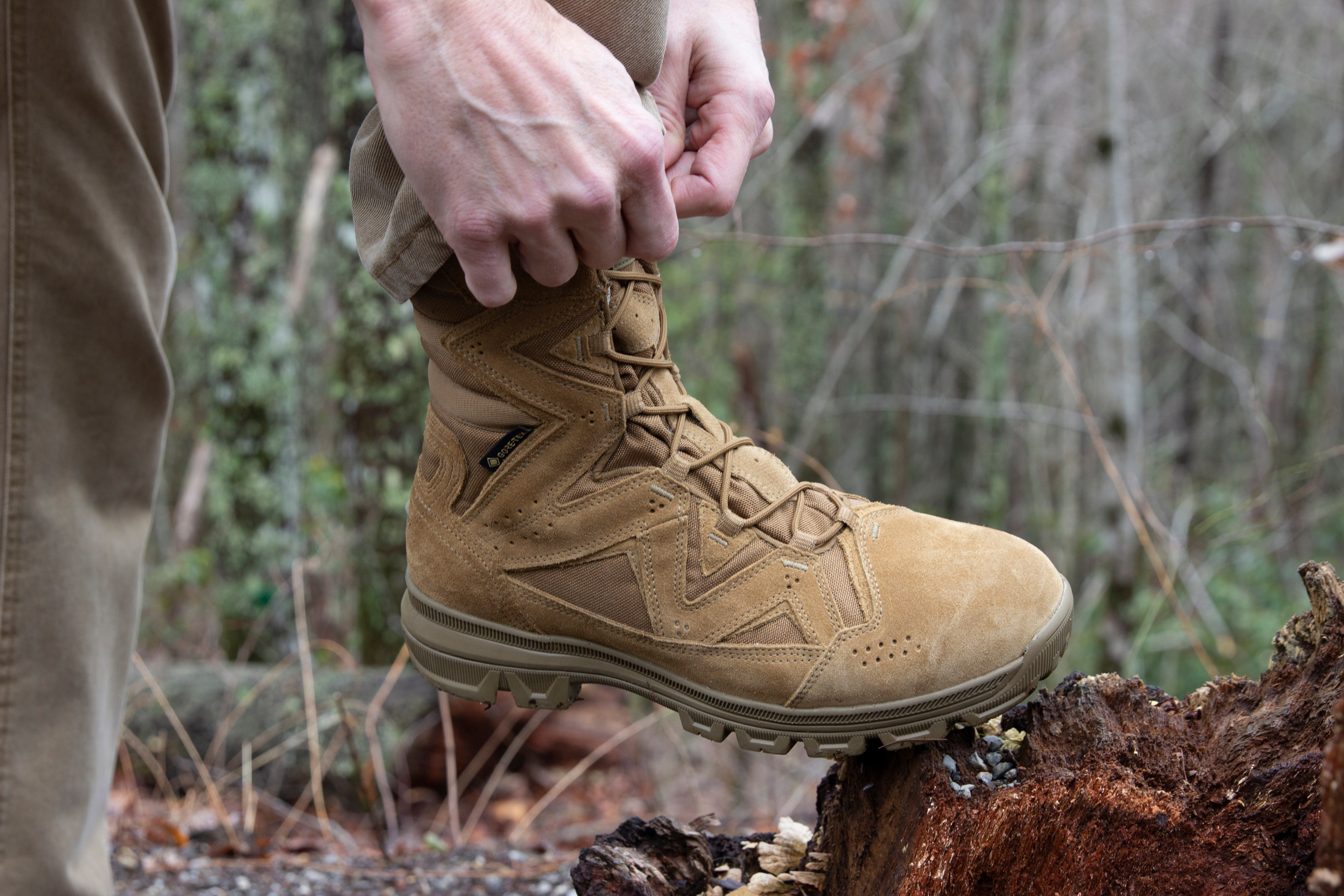 Coyote tactical boot resting on a stump in a bare autumn forest
