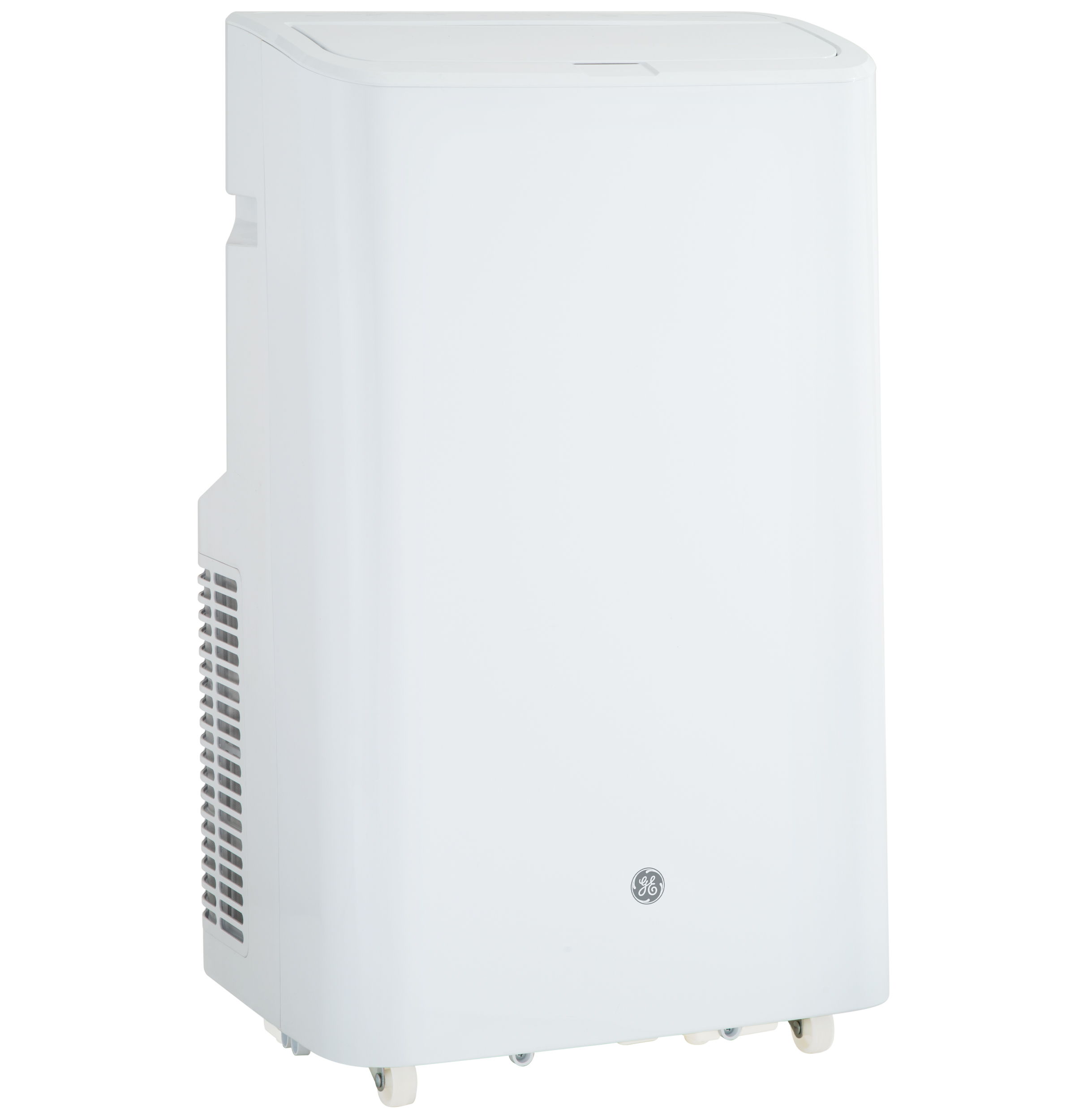 White portable air conditioner on wheels.