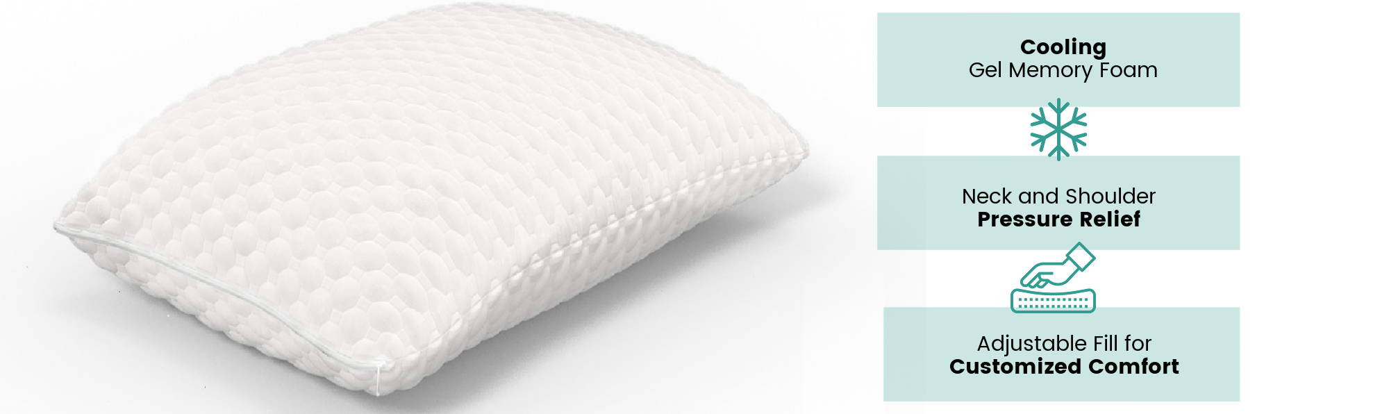 CBD infused pillow on a white background that has cooling gel memory foam, gives neck and shoulder pressure relief, and is customizable with adjustable fill for comfort.