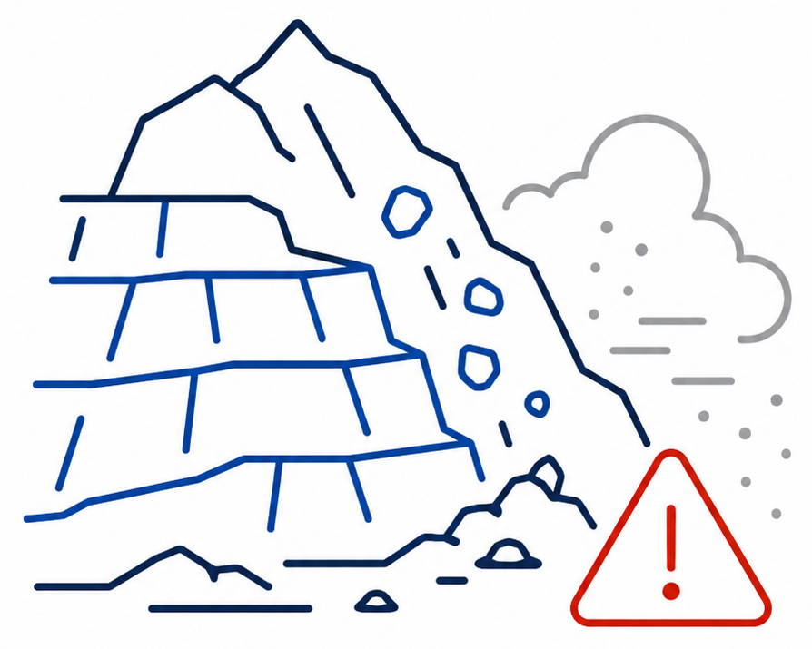 Unstable open-pit mine terrain with falling rock, dust and a hazard warning