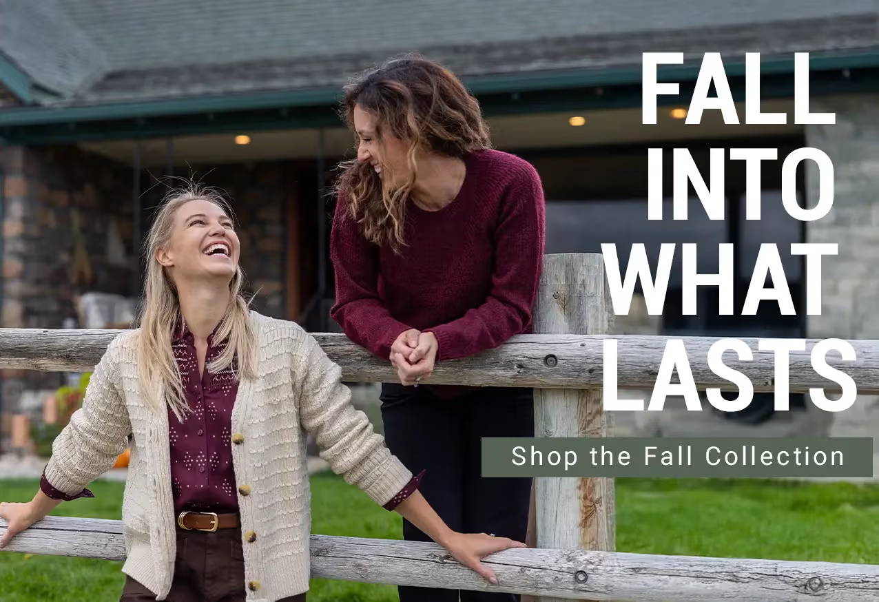 Women sitting outside on wooden fence with text promoting new fall collection