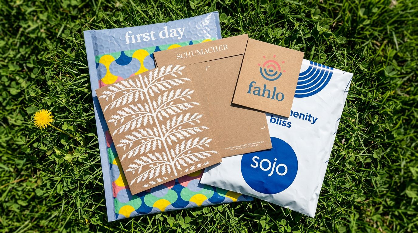 Various colorful packages resting on green grass.