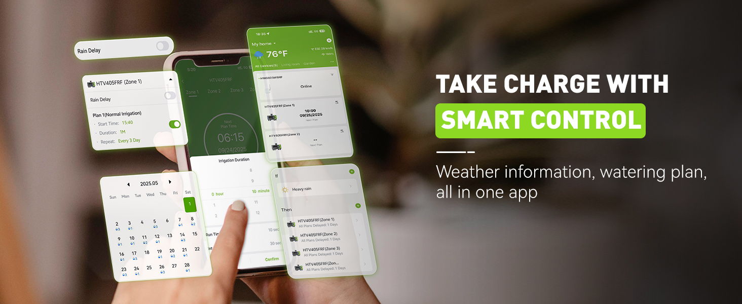 Hand holding a smartphone displaying a smart control app interface.