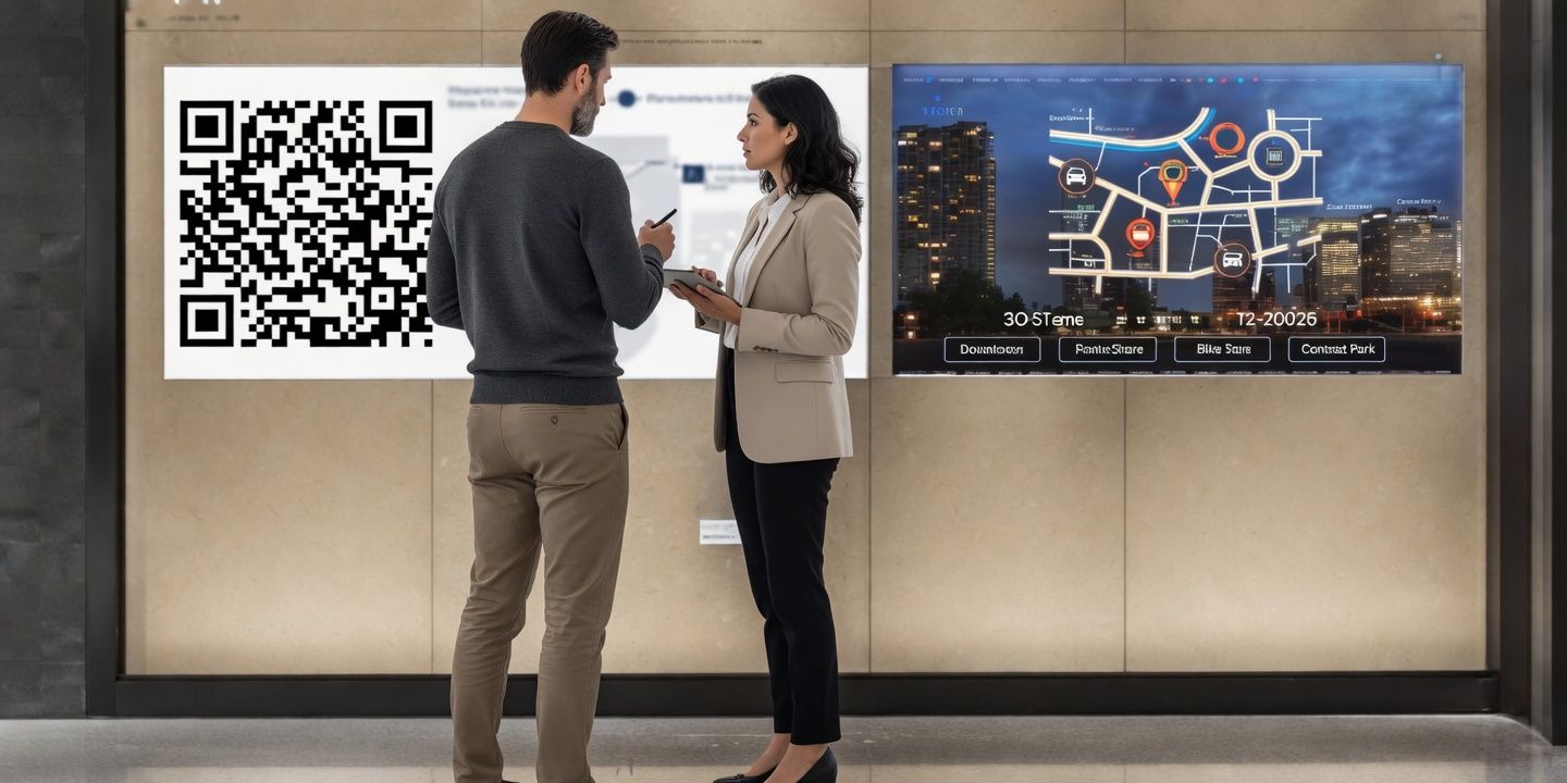 Two people discussing in front of digital displays with QR code and city image.