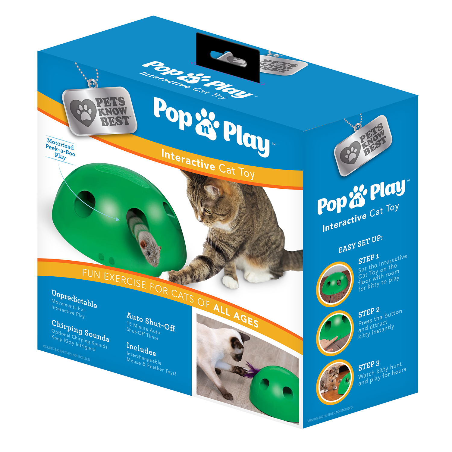 Includes: Electronic Smart Random Moving Feather & Mouse Teaser Allstar Innovations Pop N’ Play Interactive Motion Cat Toy Best Cat Toy Ever! Mouse Squeak Sound Optional & Auto Shut Off 