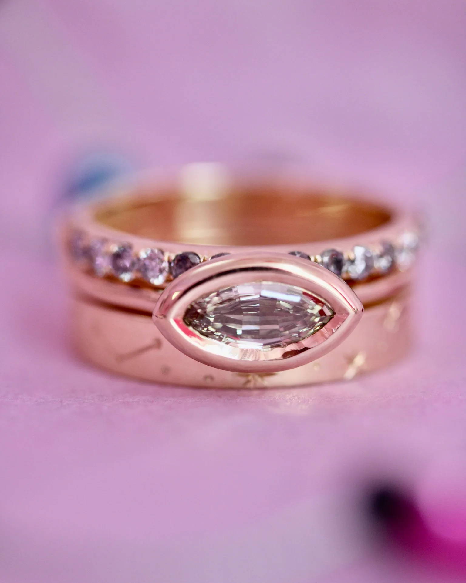 Engagement ring stack with marquise diamond ring