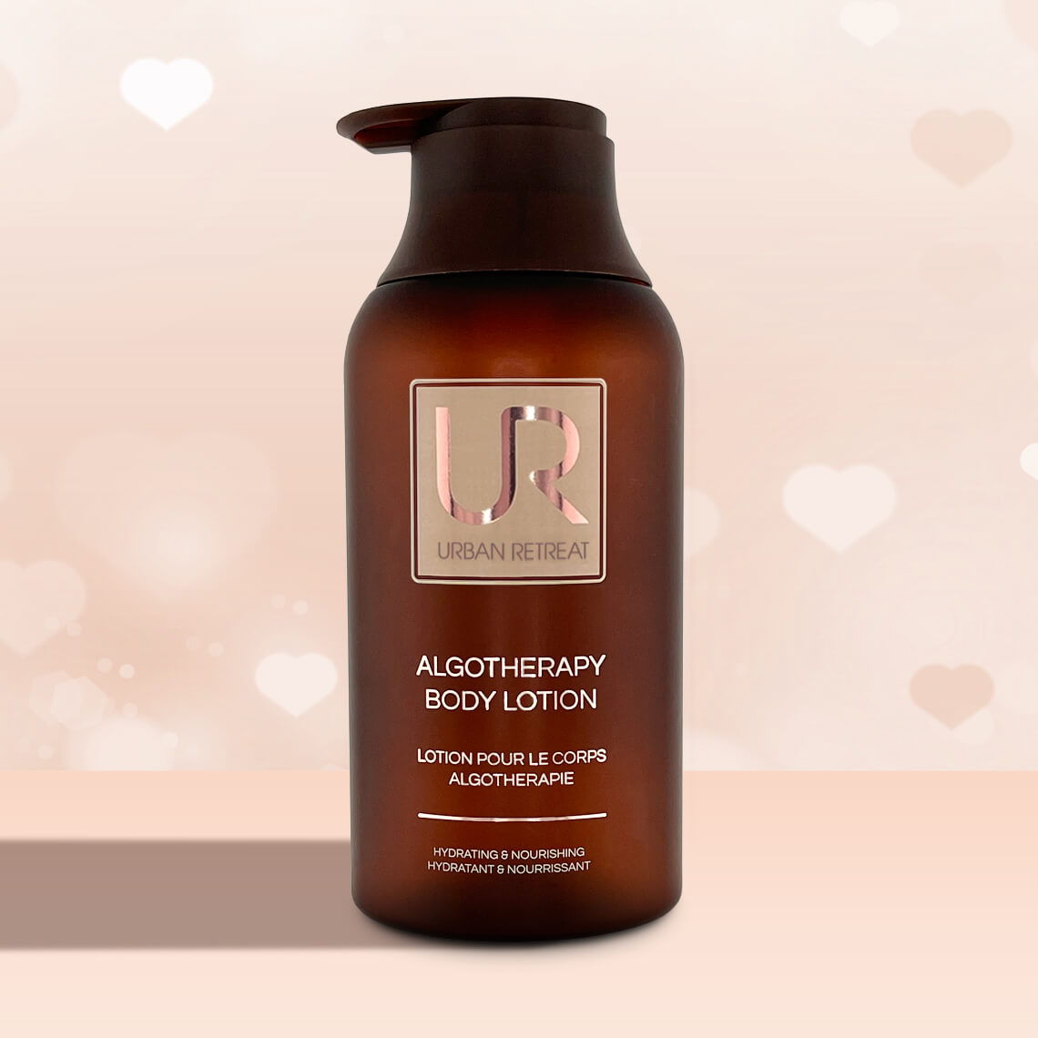 Brown bottle of body lotion with a pump dispenser.