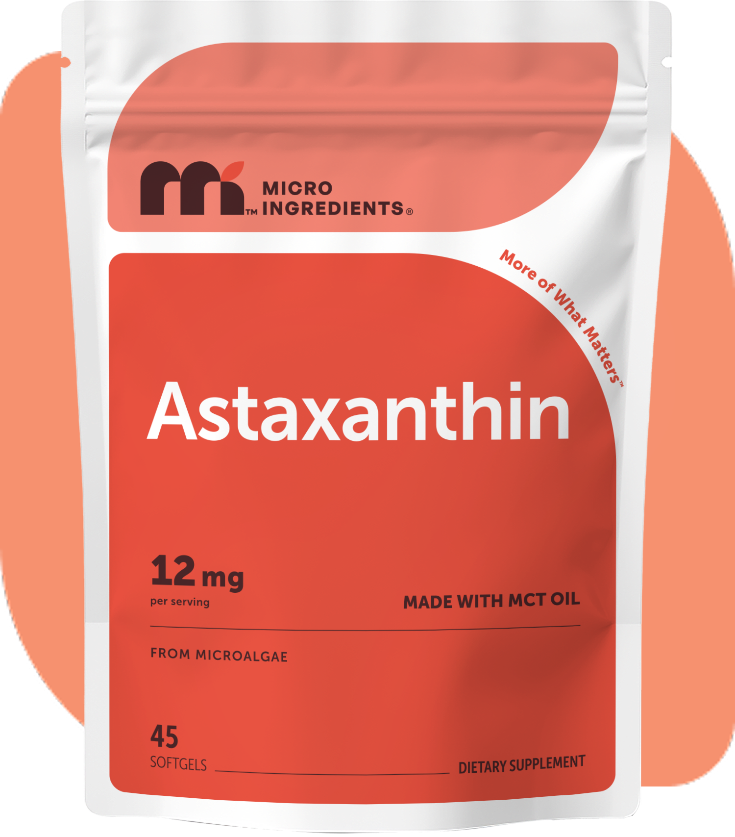 Astaxanthin supplement package, 12 mg, 45 softgels, made with MCT oil.