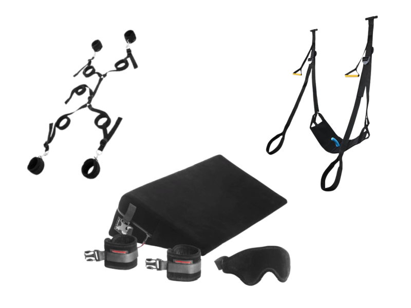 BDSM kit bundle image shows the three items that come in the kit. The image shows door jam sex swing with a high weight limit, an under-the-bed bondage restraint system, a blindfold, and a sex positioning cushion with attached bondage capabilities. 