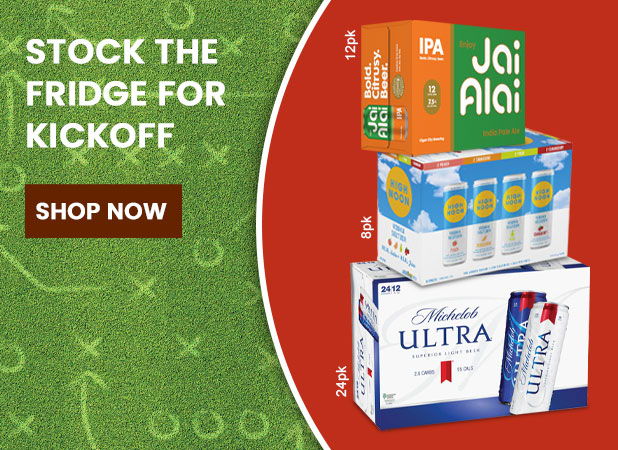 Boxes of beer with a promotional message for stocking up.