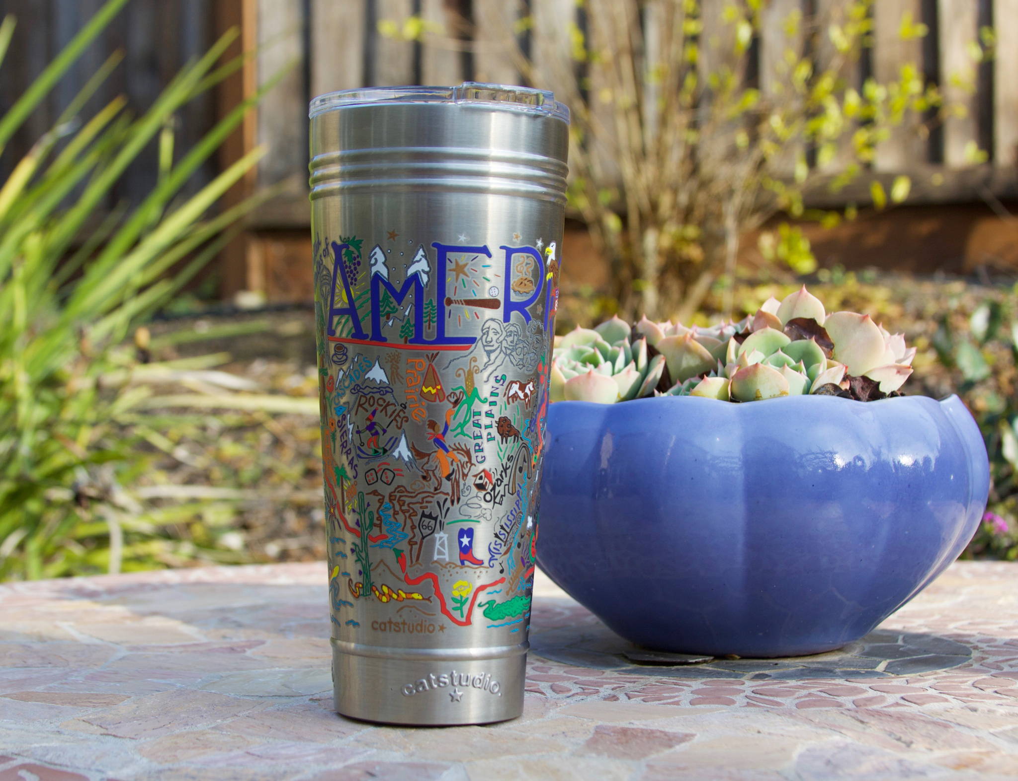 America stainless steel thermal tumbler on patio