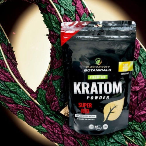 Kratom powder packaging on a colorful, textured background.