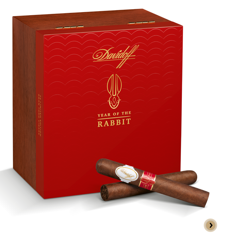 Davidoff Year of the Rabbit Flagship Exclusive Box with two crossed Gran Toro Cigars in front of it